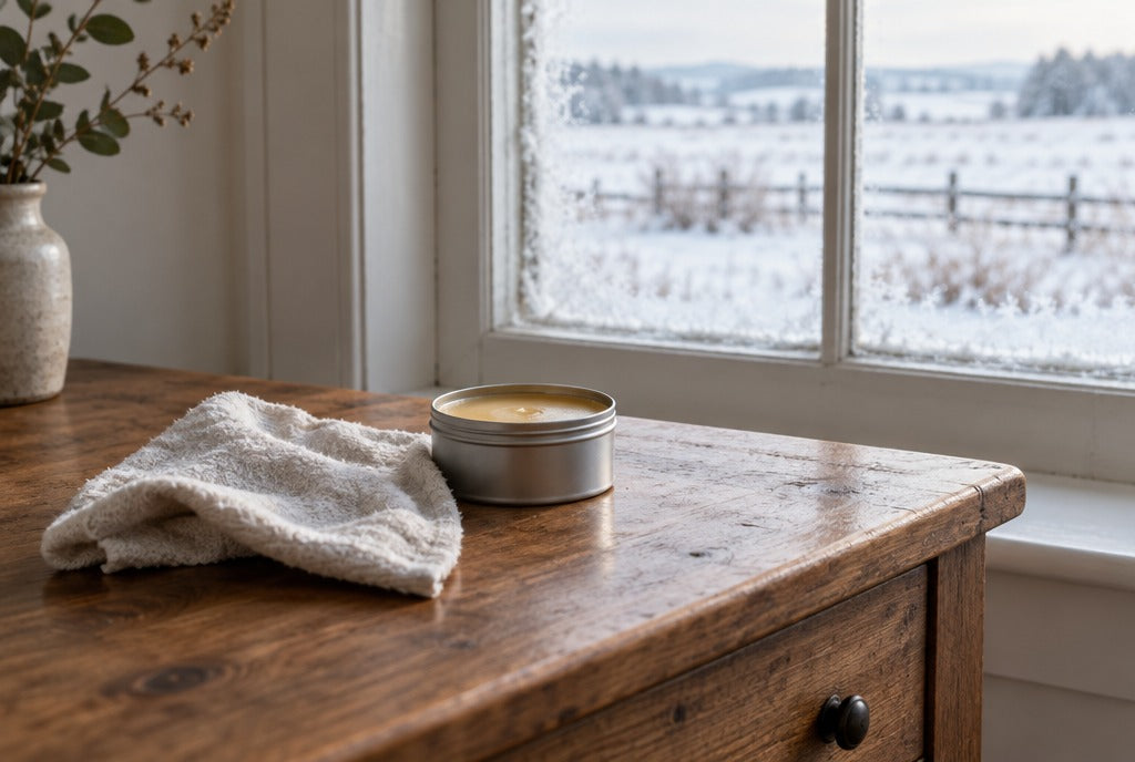 A soft cloth and a tin of furniture wax on a solid wood console table beside a frosty farmhouse window with snowy fields outside