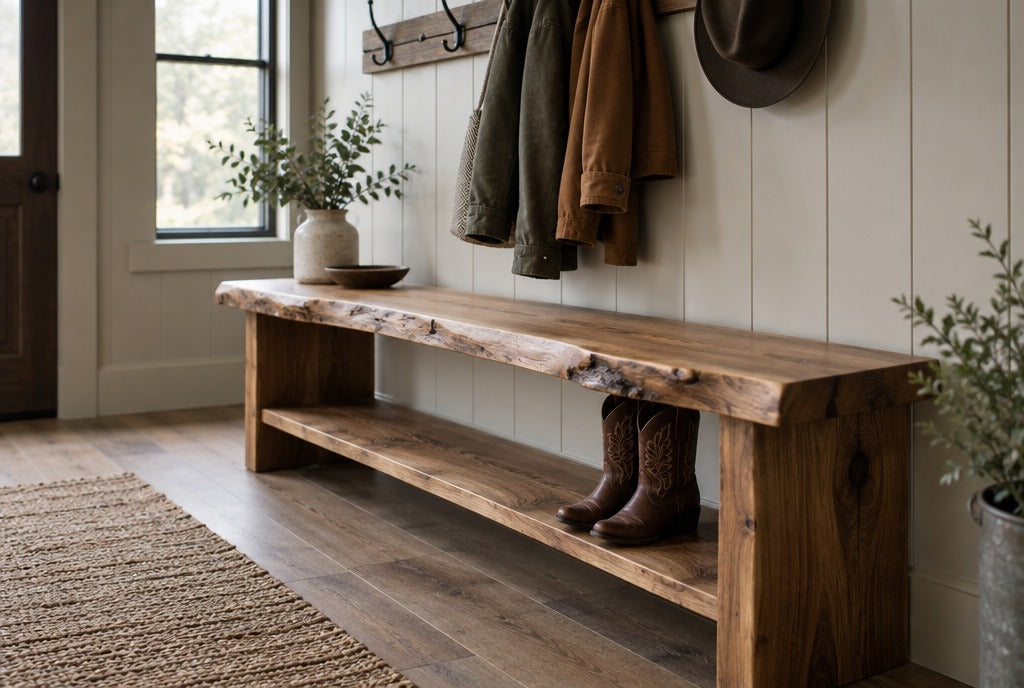 A rustic live-edge solid wood bench with a lower shoe shelf and a pair of western boots in a farmhouse mudroom with coat hooks