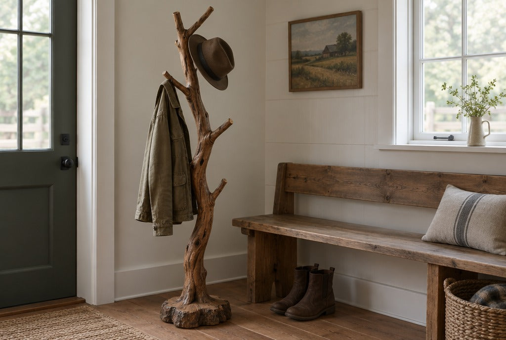 A rustic twisted tree branch standing coat rack with a canvas jacket and felt hat beside a wooden bench in a farmhouse mudroom
