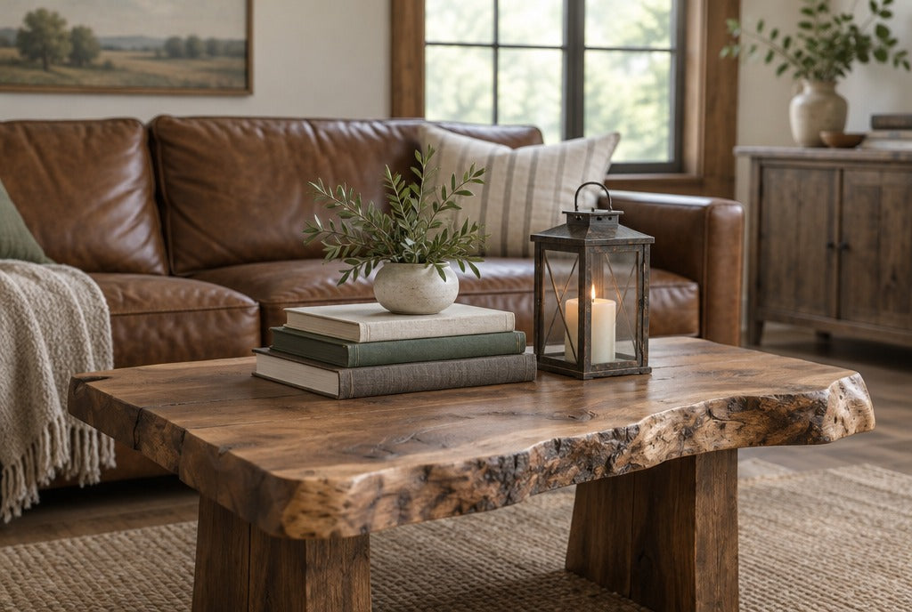 A rustic live-edge solid wood coffee table with a stack of books and a lantern in front of a leather sofa in a farmhouse living room