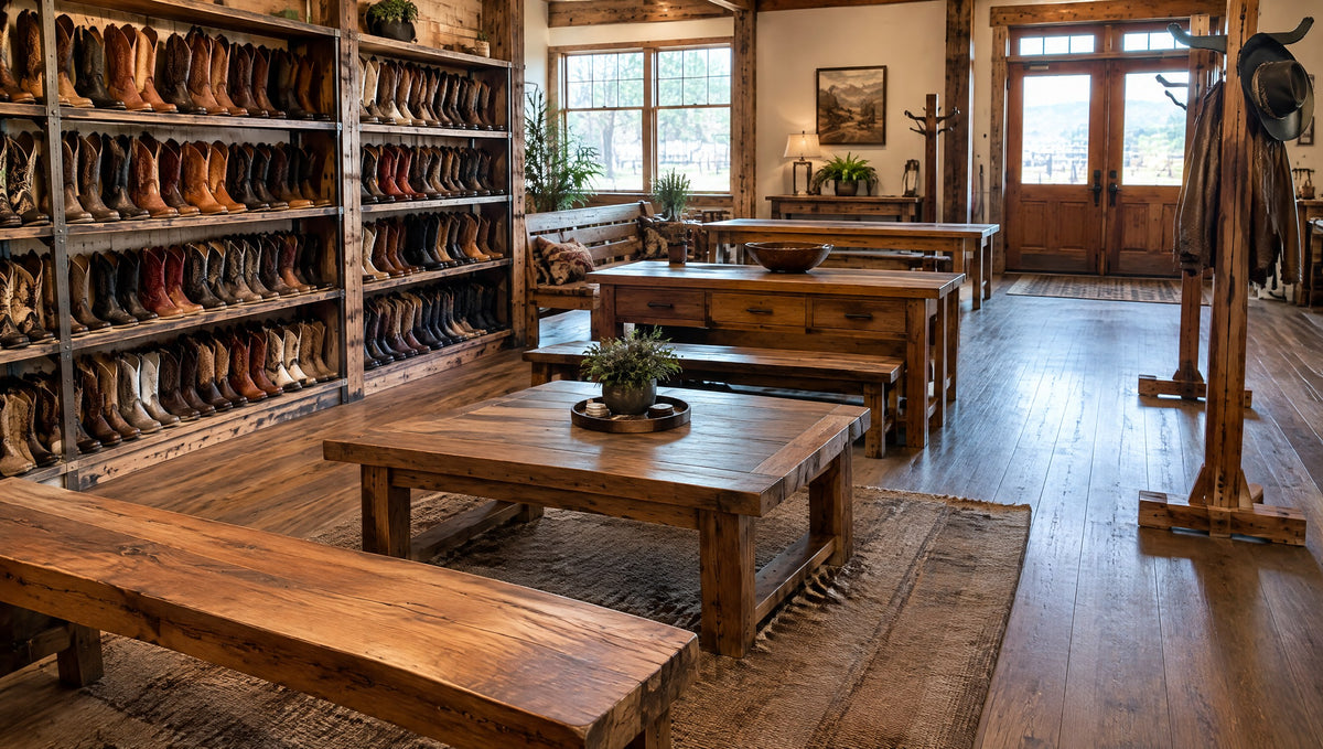 Inside a rustic western store with boots on shelves and newly built solid wood benches and consoles