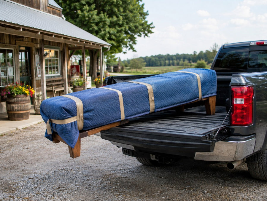 A blanket-wrapped solid wood bench loaded into a pickup truck outside a country store in Iowa