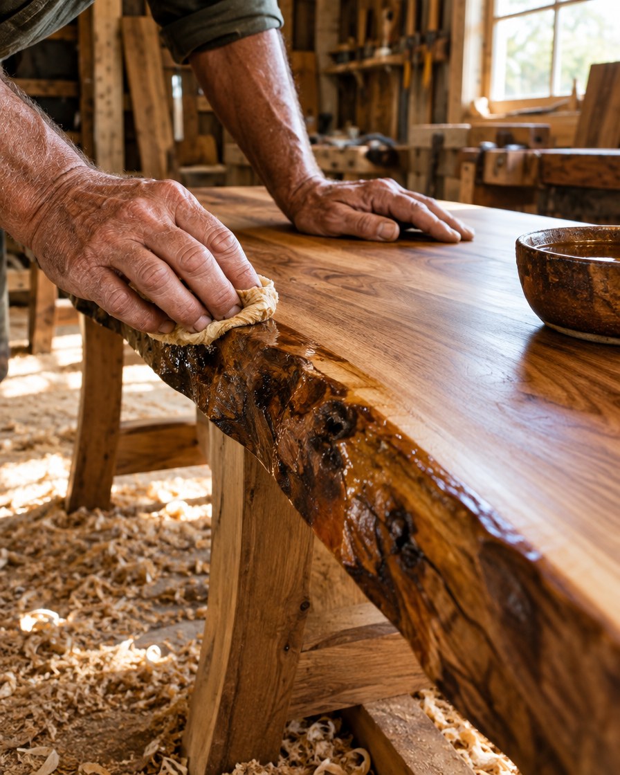 Hands oiling the live edge of a solid wood bench in a barn workshop