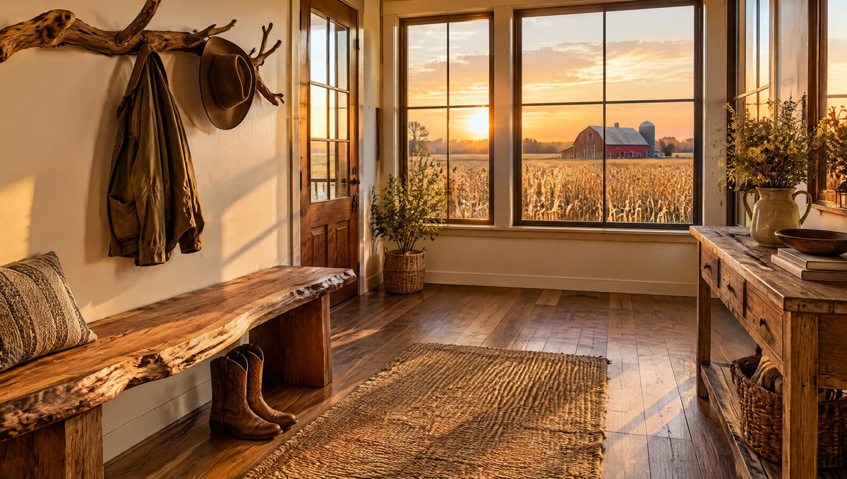 A farmhouse entry with a live-edge solid wood bench, western boots and a tree branch coat rack